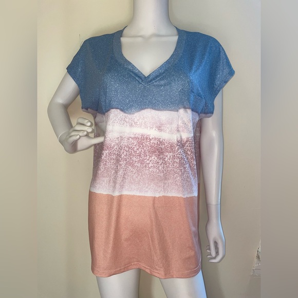 JustFashionNow Short Sleeve V Neck Jersey MultiColor Ombré Large Pocket NWT - Picture 1 of 8